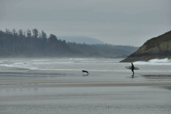 Surfista e seu cachorro enfrentam as águas geladas de praia em Tofino, na costa oeste de Vancouver Island, litoral da British Columbia, oeste do Canadá